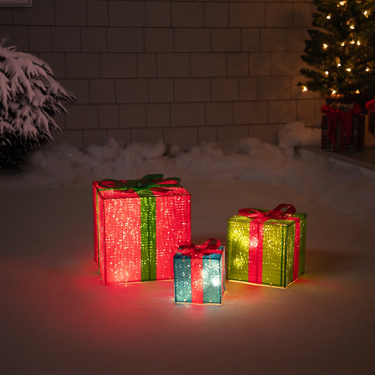 Northlight Lighted Gift Box Outdoor Christmas Decoration - 10" - Multicolor -Set of 3